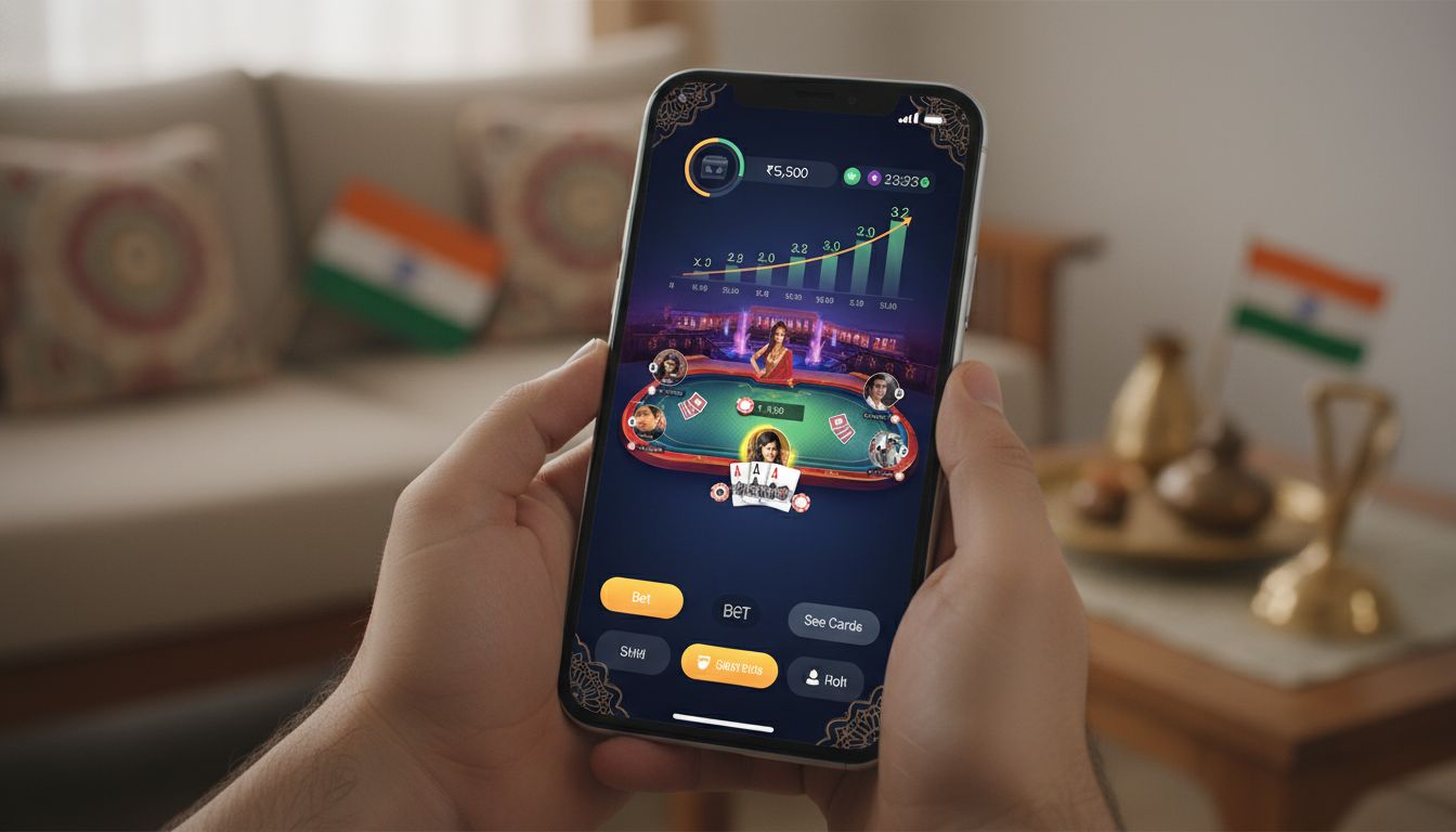 Mobile UI mockup with betting panel and Indian setting