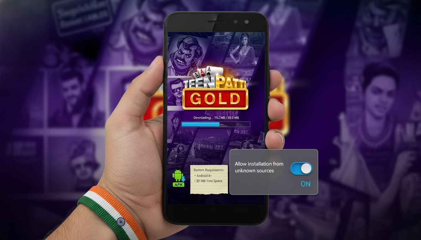 Android phone beginning APK download with Indian-themed details