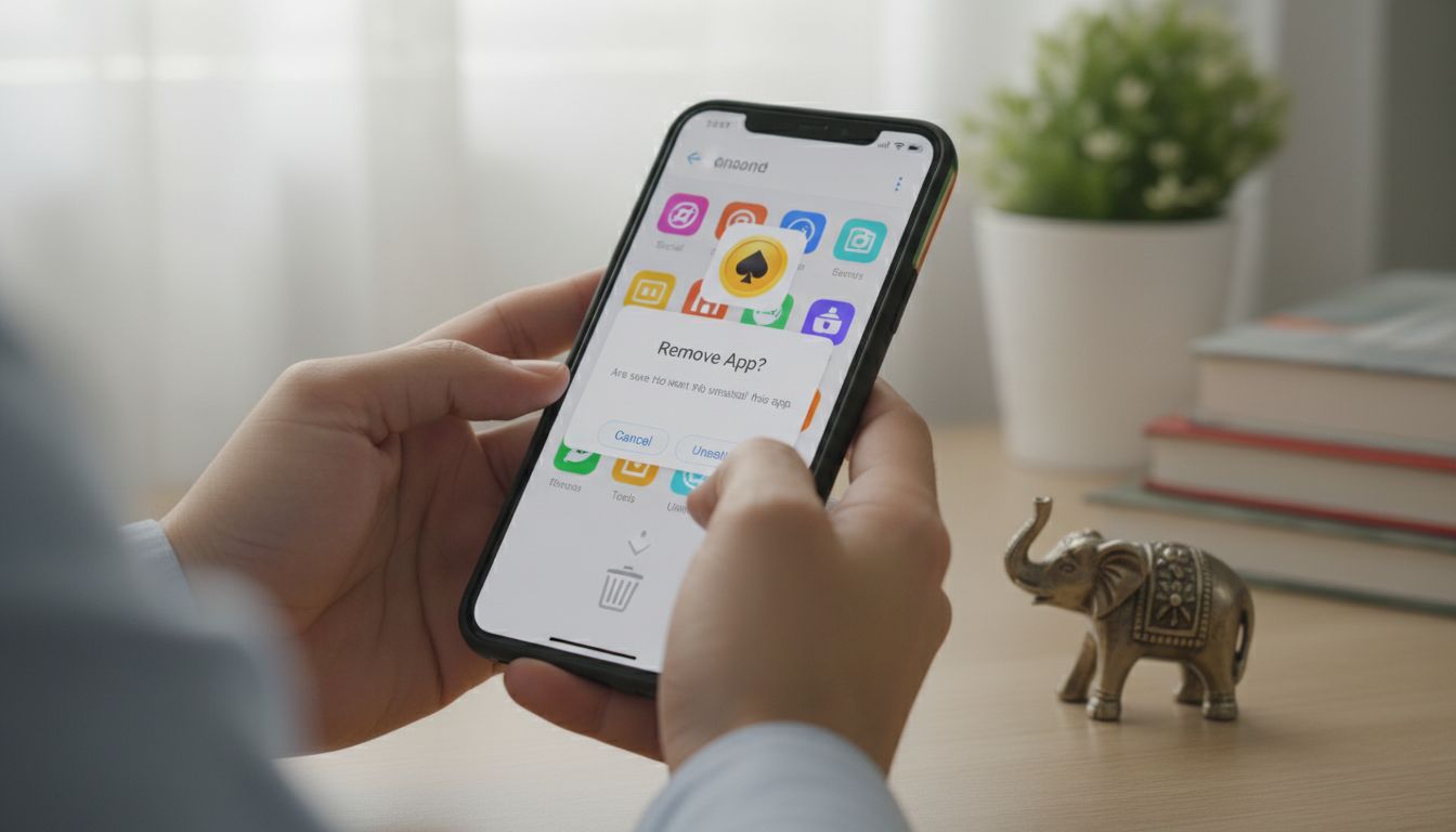 Smartphone showing uninstall confirmation with Indian desk accessories