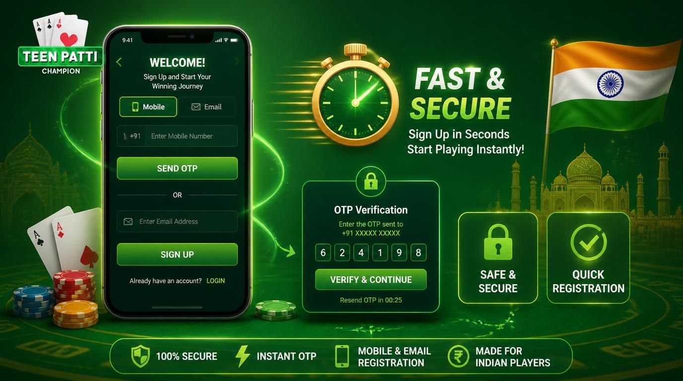A mobile screen showing fast signup with OTP and registration options in India